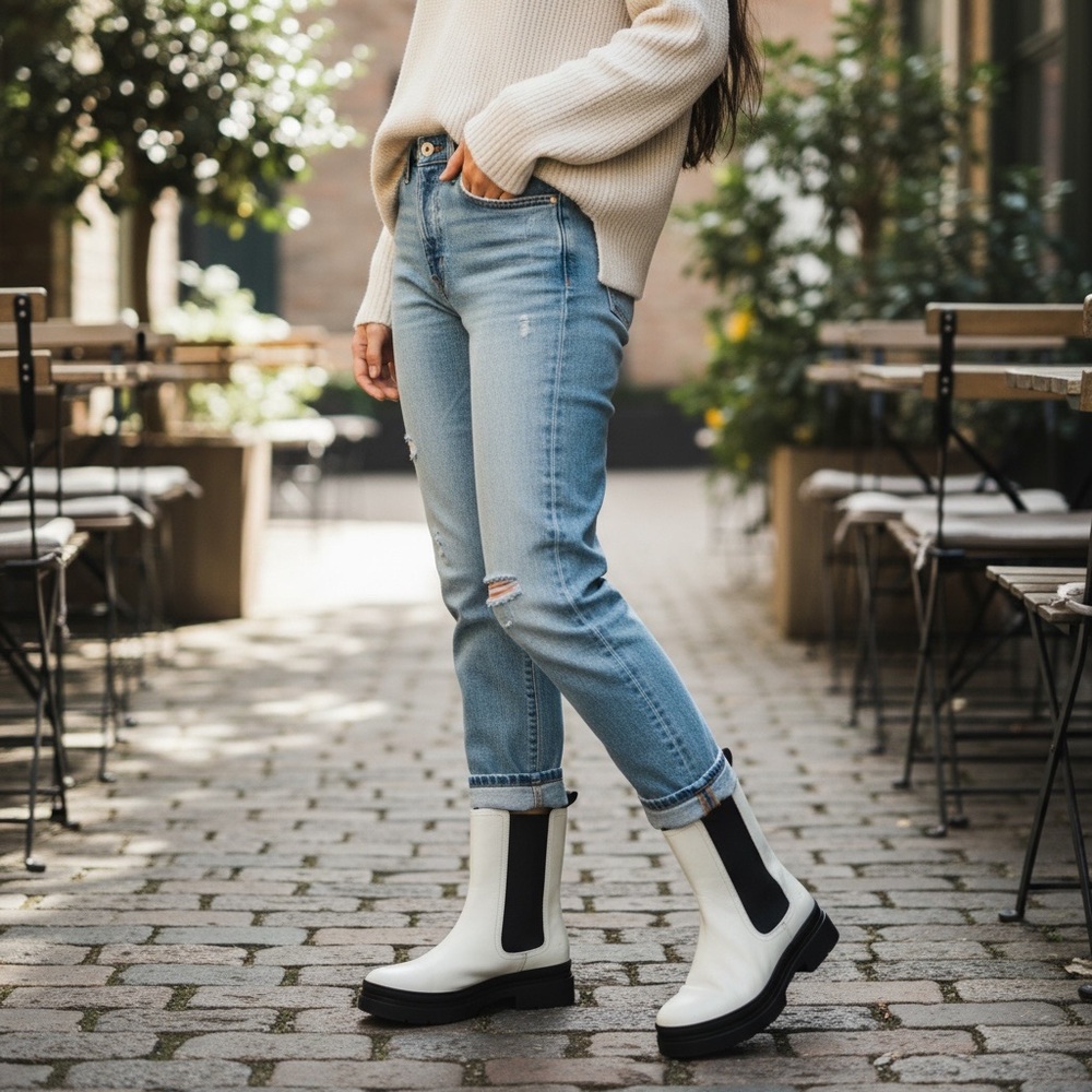 $499 Frye Chloe White Real Leather Black Retro Comfy Elastic Pull On Ankle Boot - Picture 6 of 16